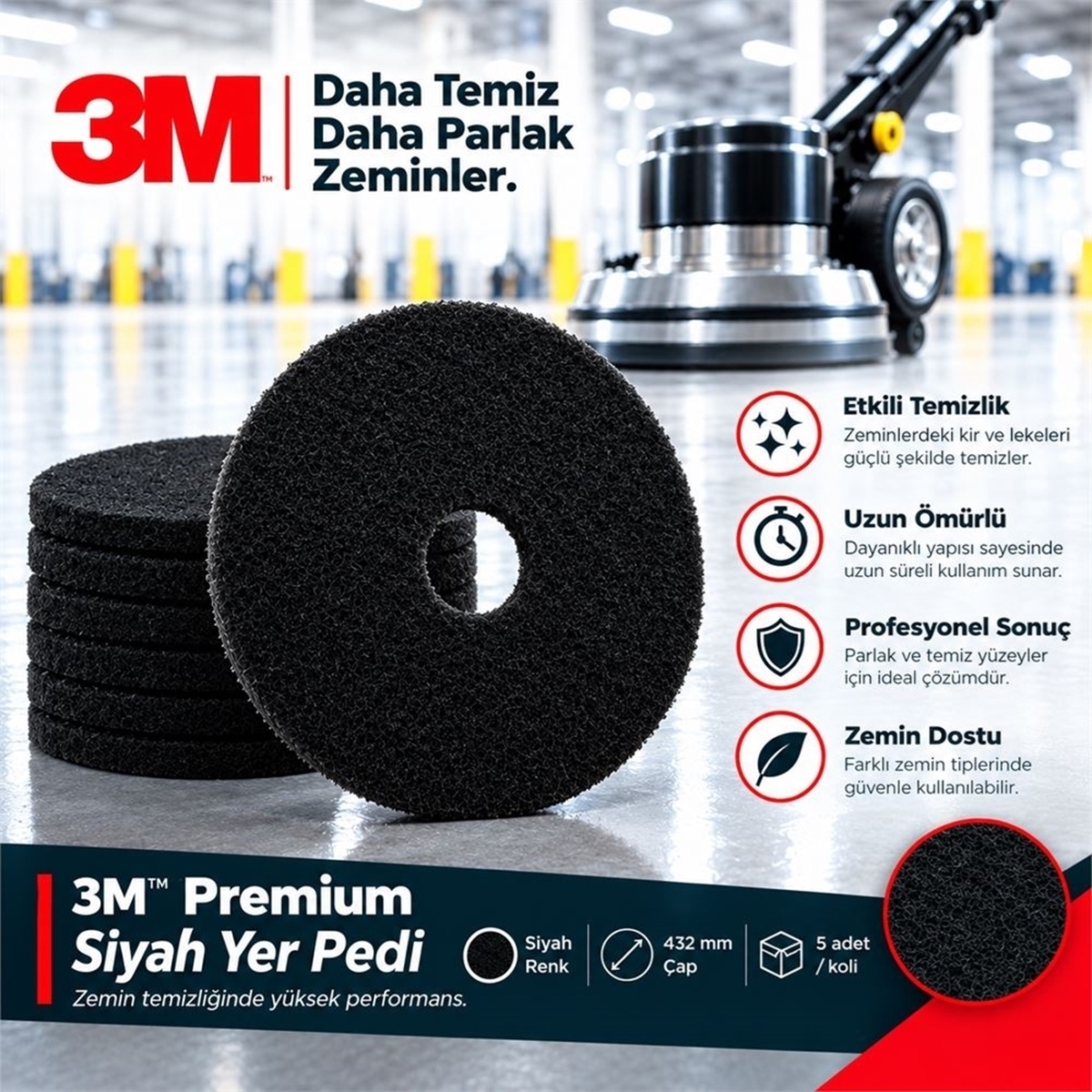 3M™ Premium Siyah Yer Pedleri 43 cm 5adet/koli resmi